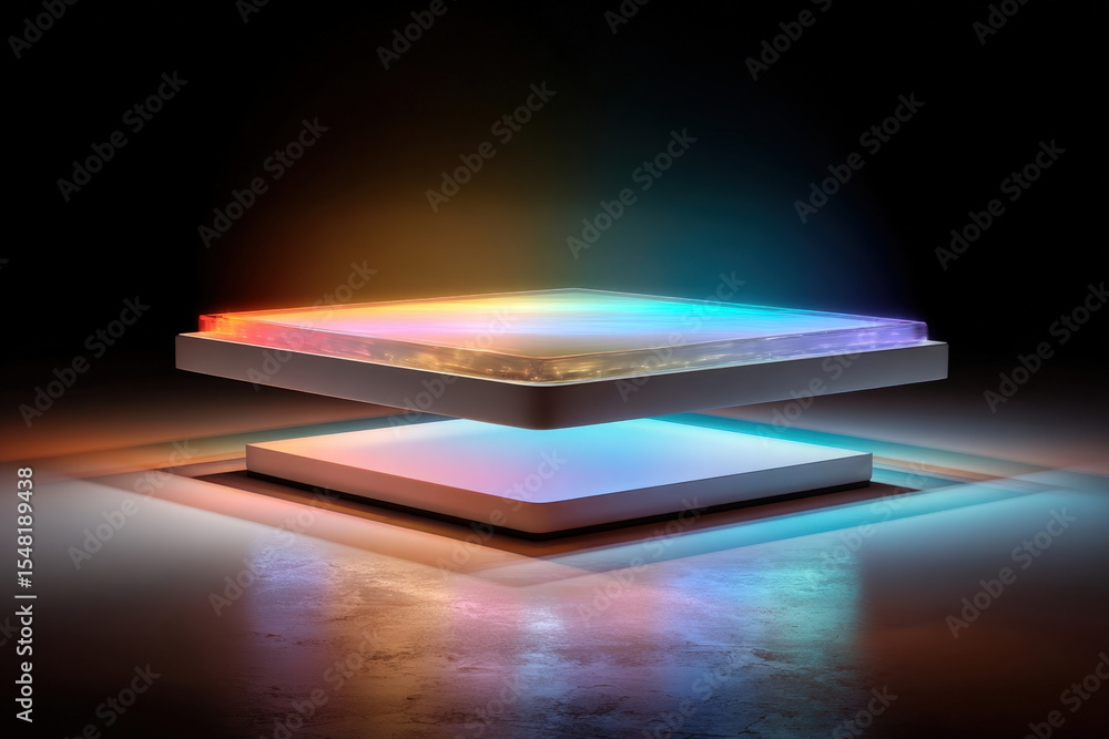 Aufkleber futuristic floating platform with glowing neon lights and reflections in dark high tech environment