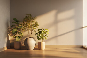 Fototapeta premium Minimalist interior with plants and warm light, quiet lifestyle concept.
