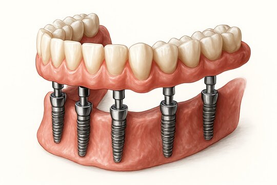 All on 6 Mandibular Prosthesis Illustration with Detailed Dental Implants