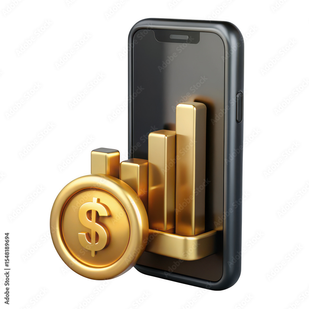 Aufkleber gold coin and bar graph on smartphone isolated on transparent background