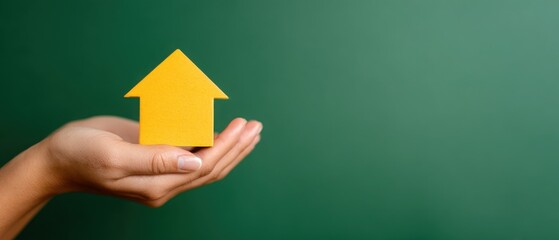 Model of a yellow house held in hand represents dreams of home ownership against a green backdrop. concept of buying a house, real estate. loan or credit for real estate. inheritance