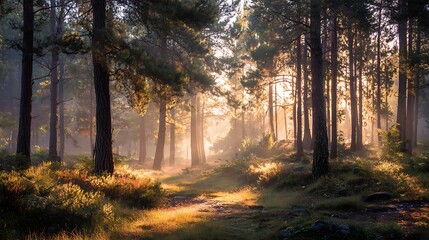 Fototapeta premium Golden hour sunlight through pine forest trees, misty morning atmosphere, peaceful woodland landscape, natural light, no humans .