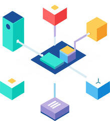 Isometric vector city buildings and industrial factory icons for business and technology network design