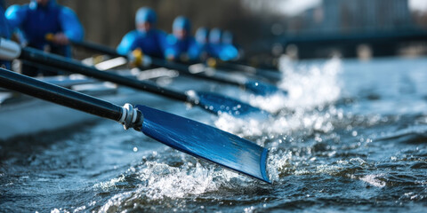 Rowers in blue uniforms racing on water with splashes in close-up action shot