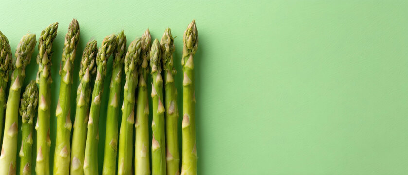 Fresh asparagus arranged in rows on a green background with space for design elements and text. spring summer food background, banner for text. vegan, raw food, diet - Powered by Adobe
