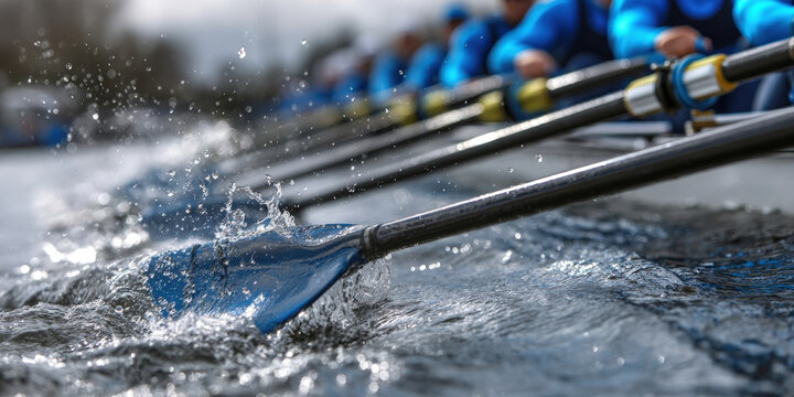 Close-up of rowing team paddling in sync — teamwork, coordination, and collective effort on water
 - Powered by Adobe