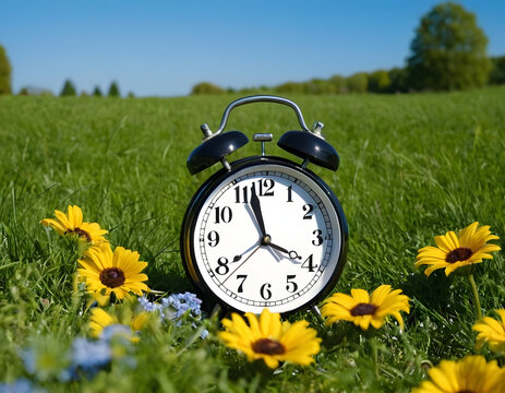 alarm clock on green grass, daylight saving time. Sommer time, winter time, changeover, switch of time. Sommer or winter time. Clock as a timer for celebrations. Spring flowers, grass, blue sky