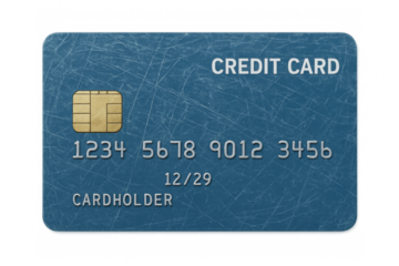 Blue credit card with microchip and scratches on transparent background