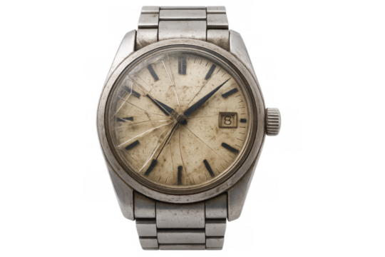 Broken glass wristwatch showing time passing on transparent background