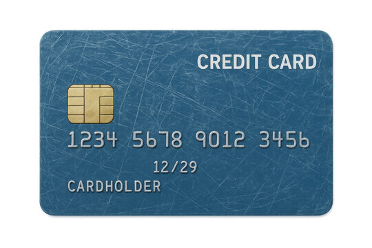Blue credit card with microchip and scratches on transparent background