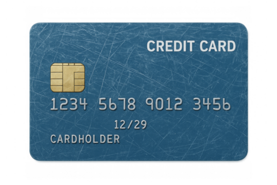 Blue credit card with microchip and scratches on transparent background - Powered by Adobe