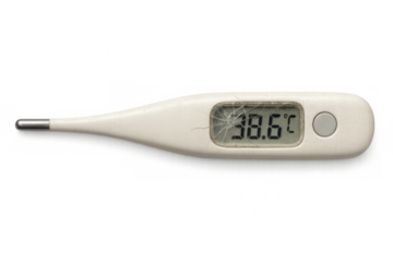 Clinical thermometer showing high fever on transparent background