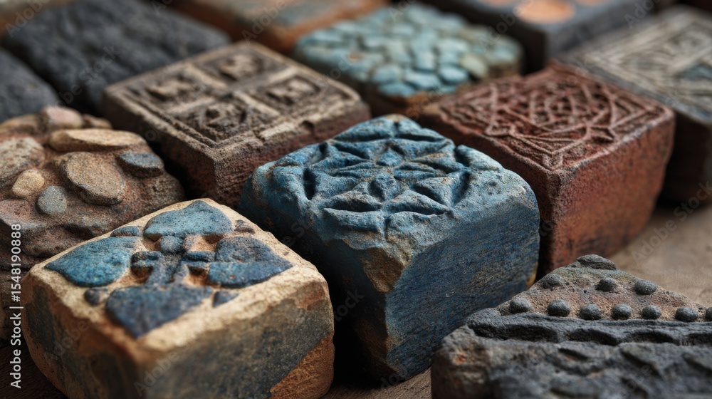 Poster a colorful array of handmade printing blocks, each displaying unique patterns and textures. the bloc