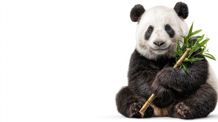 A panda cub sitting and holding bamboo