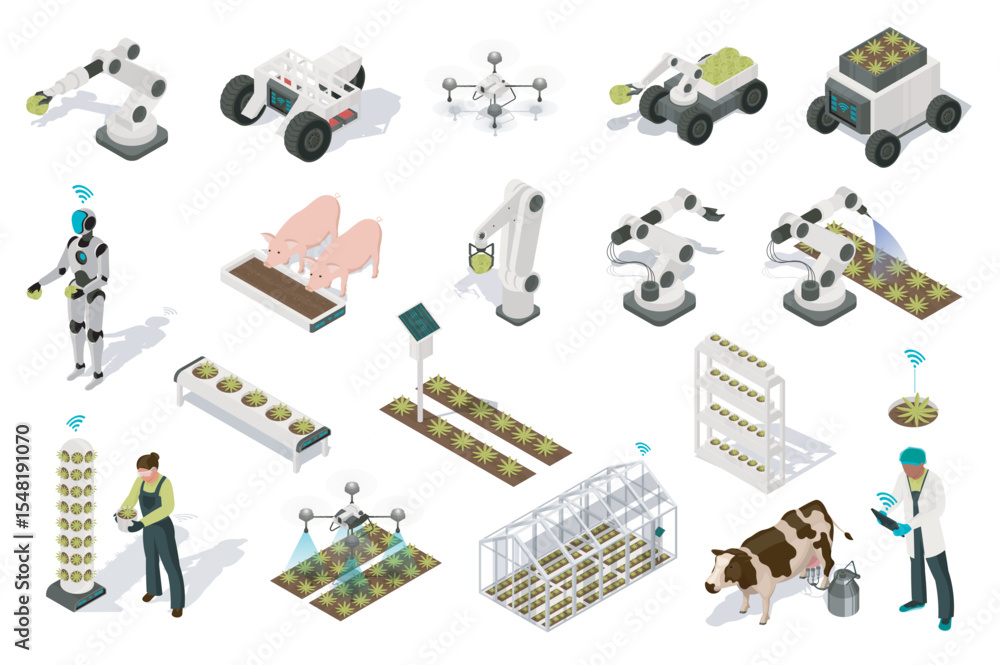 Aufkleber smart farm 3d isometric set. collection isolated flat elements of robotic arm manipulation, gardenin
