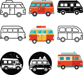 Vintage Vans Collection: A vibrant collection of vintage vans, each intricately illustrated with unique designs and colors, evoking a sense of adventure and nostalgia. 