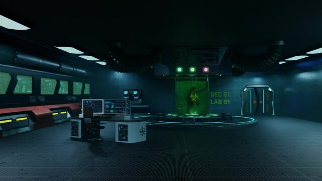 Enquanto isso, em um laborat&oacute;rio secreto um zumbi est&aacute; sendo conservado para estudos. Arte 3D Blender.