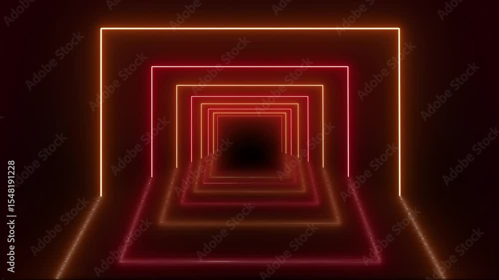 Poster looping futuristic neon light rectangle tunnel animation with glowing pink and gold lines receding i