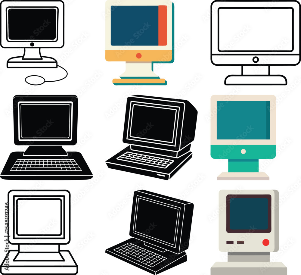 Poster vintage computer collection: a collection of diverse vintage computer illustrations, each designed i
