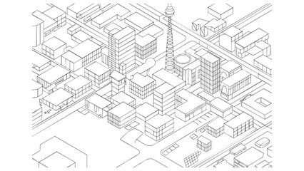 Isometric Downtown Urban City with Skyscrapers Line Art Vector