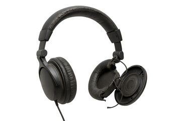 Broken headphones showing their internal components on transparent background