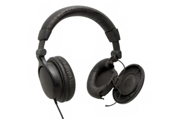 Broken headphones showing their internal components on transparent background