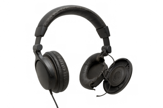 Broken headphones showing their internal components on transparent background