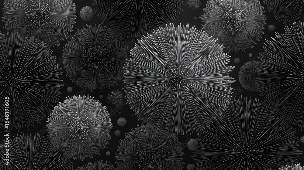Poster multiple spherical shapes are displayed, each covered in fine, radiating lines, creating a textured 