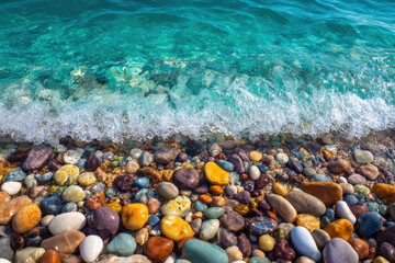 Top-down view of colorful beach pebbles along clear turquoise shoreline