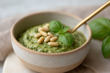 Fresh and creamy basil pesto with pine nuts served elegantly in a bowl on a marble tabletop