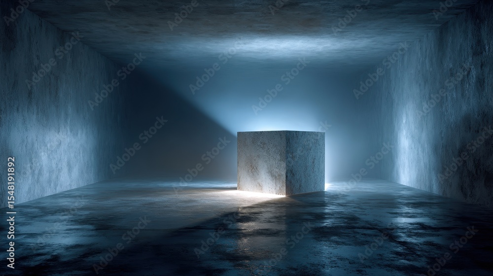 Poster concrete cube stands in dim, modern room with blue lighting shining down, creating shadows in minima