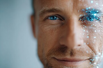 Half-real and half-generated face composition showcasing the blend of human features and AI elements