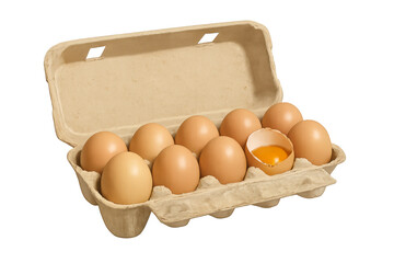 Open carton of eggs with one broken egg revealing yolk on transparent background