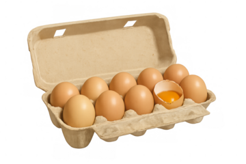 Open carton of eggs with one broken egg revealing yolk on transparent background