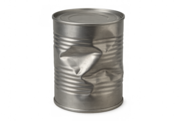 Dented tin can on transparent background representing waste