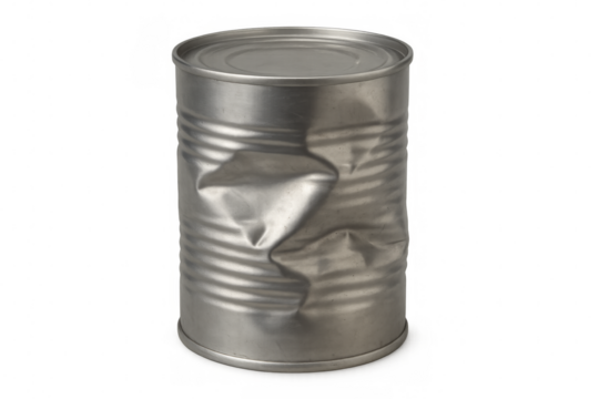Dented tin can on transparent background representing waste