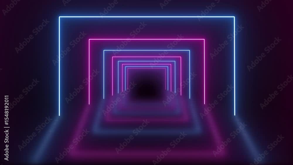 Poster looping futuristic neon light rectangle tunnel animation with glowing pink and blue lines receding i