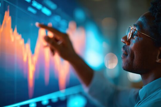 Professional analyzing financial data trends in a modern office environment - Powered by Adobe