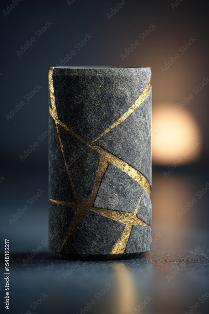 Aufkleber smooth stone cylinder with abstract golden geometric patterns and embossed texture