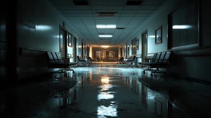 Desolate hospital hallway with empty patient beds and dim lighting, symbolizing financial struggle, closure, and healthcare challenges in modern ... See More .