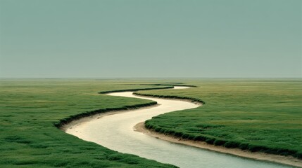 Obraz premium A tranquil river weaves through vibrant green grasslands under a soft morning sky. The winding water reflects the early light, creating a peaceful and natural atmosphere.