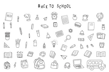 Education in Doodles style. Hand drawn Back to school drawing elements. School supplies and creative elements isolated on white background. Vector 