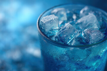 Frosted glass of frozen soda with ice cubes in cool blue tones