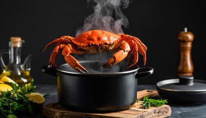 tolong buatkan judul terbaik dalam bahasa inggris kurang dari 100 huruf dengan 50 hastag yang paling relevan untuk di isi kedalam adobe stock contributor untuk: red crab being dropped into a steaming 
