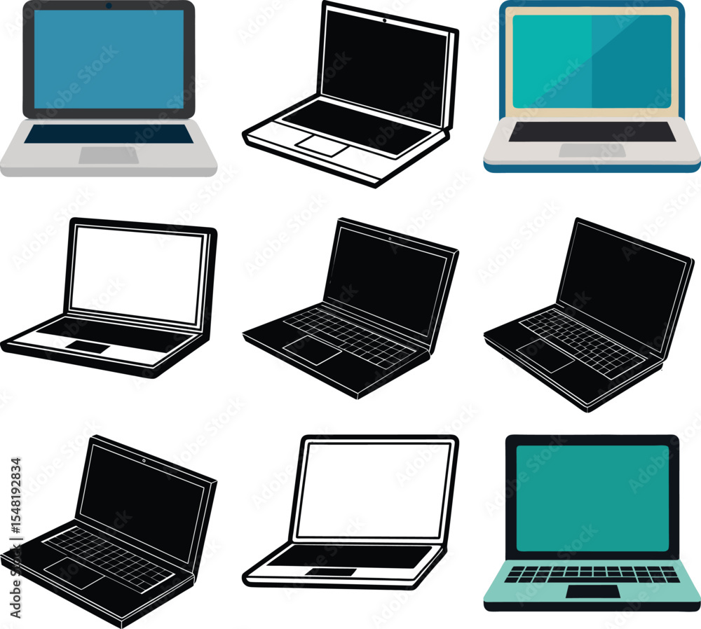 Poster nine laptops illustration: an array of modern laptops, each showcasing sleek designs and diverse scr