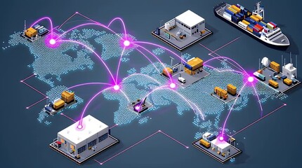 Global logistics network connecting world with isometric warehouses and transportation - Powered by Adobe