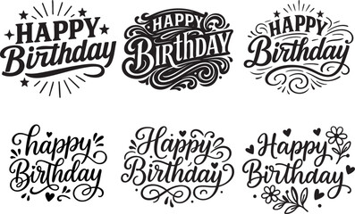 Fototapeta premium Happy Birthday Lettering Bundle – 6 Black Handwritten Vector Designs with Decorative Elements