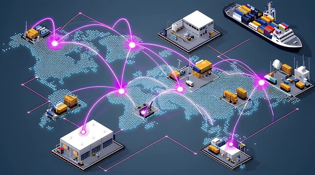 Global logistics network connecting world with isometric warehouses and transportation