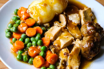 Traditional British Favourite Roast Chicken Sunday Meal With Vegetables And Stuffing