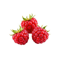 Fresh and Juicy Raspberries with Bright Red Color and Green Leaves on a White Background